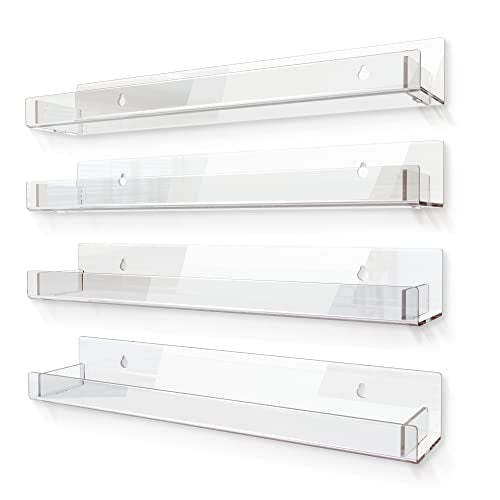 4 Pack 15 Inch Clear Acrylic Shelves, Clear Kids Floating Bookshelf for Kids Room, Modern Nail Polish Rack Sunglasses Essential Oil Picture Ledge Display Toy Storage Wall Shelf - color: 15in-clear
