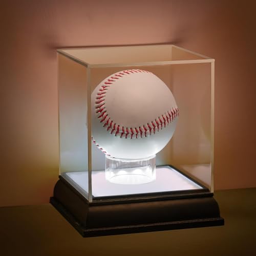 Gyaozii Baseball Display Case with Led Light, UV Protected Clear Acrylic Cube with Wood Base Stand, Sports Memorabilia Showcase Autograph Ball Holder for Official Size Ball Display - size: Single Baseball Box LED