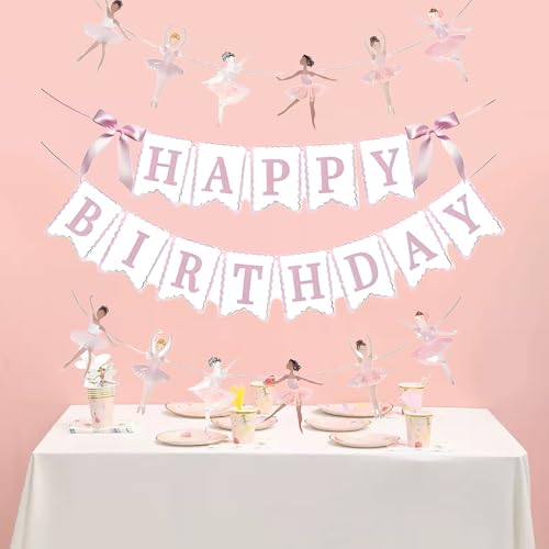 JENSENLIN Ballet Birthday Party Decorations Set,Pink Happy Birthday Banner with Ballerina Garland, Aesthetic Beauty Dance Theme Photo Props, 4 Pieces.