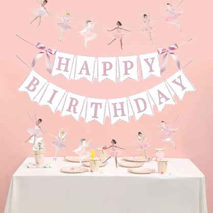 JENSENLIN Ballet Birthday Party Decorations Set,Pink Happy Birthday Banner with Ballerina Garland, Aesthetic Beauty Dance Theme Photo Props, 4 Pieces.