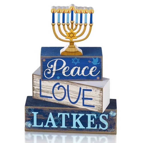 Lineshading 4 Pcs Hanukkah Decorations for Home Chanukah Table Decor Wooden Menorah Decoration Hanukkah Centerpiece Rustic Menorah Block Signs Jewish New Year Decoration for Home Tiered Tray Decor - style: Candlestick