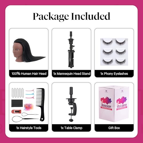 18" Mannequin Head Human Hair with Stand - 100% Real Hair Mannequin Head for Makeup Practice, Cosmetology Manikin Doll Head for Hair Styling, Hairdressing Training Head for Braiding with Tripod,Black - color: Black#1B&Tripod