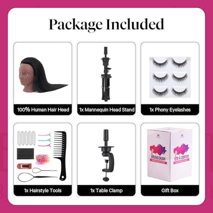 18" Mannequin Head Human Hair with Stand - 100% Real Hair Mannequin Head for Makeup Practice, Cosmetology Manikin Doll Head for Hair Styling, Hairdressing Training Head for Braiding with Tripod,Black - color: Black#1B&Tripod