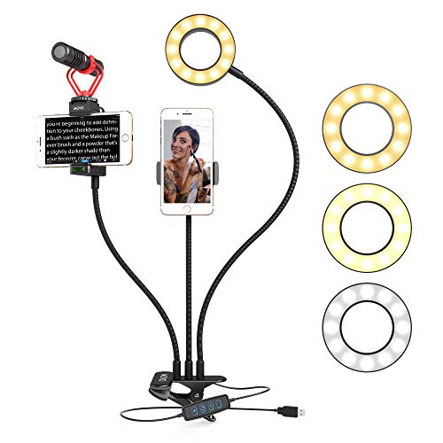 Movo Selfie Makeup Tutorial Ultimate Kit with Desk Clamp, 2 Cell Phone Mounts for Camera and Teleprompter, LED Ring Light & Video Vlog Microphone + Grip - Compatible with iPhone, Android Smartphones