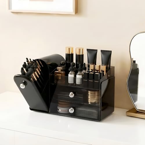 lurcns Makeup Organizer with Dustproof Brush Holder for Vanity, Large Cosmetics Organizer and Bathroom Countertop Skincare Storage with 2 Clear Drawers for Lipstick, Perfume, Eyeshadow Palettes,Black - color: Black