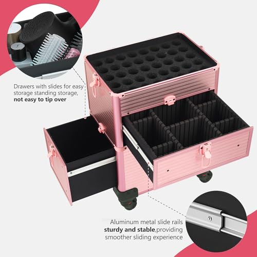 Somduy Rolling Makeup Case with Drawer, Makeup Train Case, 4 in 1Cosmetology Case on Wheels, Christmas Gift, Large Makeup Case Organizers, Profesional Cosmetic Case for Salon Barber, Light pink - color: Light pink