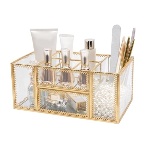 FSyueyun Vanity Clear Glass Makeup Organizer, Gold Makeup Brush Holder Cosmetic Storage Display Case for Skincare Perfume Dresser Countertop - color: Makeup Organizer
