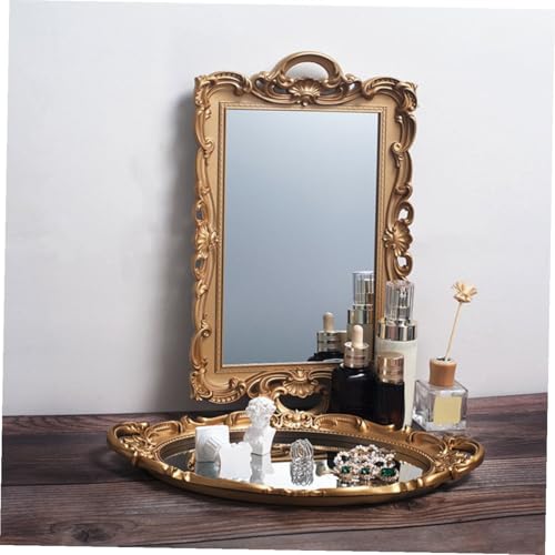 Mobestech Vintage European Mirror Tray Golden Storage Plate for Home Decor and Photo Props Decorative Vanity Organizer for Cosmetics Jewelry Dessert Display and Elegant