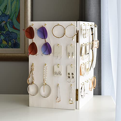 MOOCA Wooden Foldable Panel Jewelry Display Stand with 32 Hooks - Perfect for Store, Earring Cards, Keychains- Travel-Friendly Design, Unfolded size: 18.3" W x 0.6" D x 16" H, Wash White Color - color: White