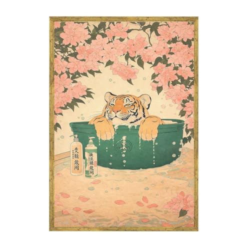 Framed Relaxed Tiger Bath Poster Canvas Print Vintage Japanese Aesthetic Wall Art Funny Painting Pictures Wall Decor for Living Room Bedroom Home Decoration (24L x36W,Gold Framed) - size: 24L"x36W"