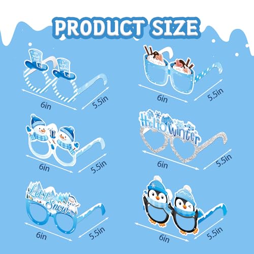 KALEFO 24Pcs Hello Winter Paper Glasses Party Decorations Winter Wonderland Snowflake Photo Booth Props Kit Blue Wedding Holiday Birthday Skiing New Year Party Supplies - color: Winter Glasses