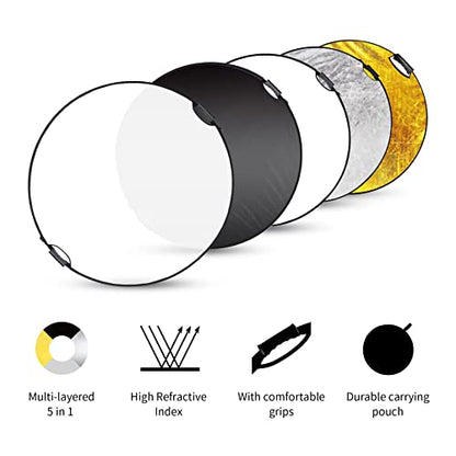 Selens 32 Inch (80cm) Reflector Photography, Collapsible Light Reflector with Carrying Case, 5 in 1 Handle Reflector for Photography Photo Studio Lighting -Translucent, Silver, Gold, White and Black - size: 32 Inch