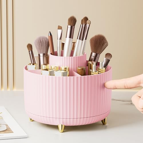 Diesisa Makeup Brush Holder Organizer,360° Rotating Makeup Brush Organizer,5 Slot Make up Brushes Cup for Cosmetics, Nail Polish, Art Supply, Bathroom Vanity Desktop Organizer - Pink - color: Pink