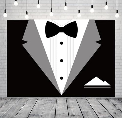 BELECO 12x8ft Fabric Gentleman Tuxedo Backdrop Black and White Bow Tie Suit Background Luxury Birthday Dinner Party Decor Banner Boy Men Father Bridegroom Photoshoot Studio Booth Props - size: 12x8FT