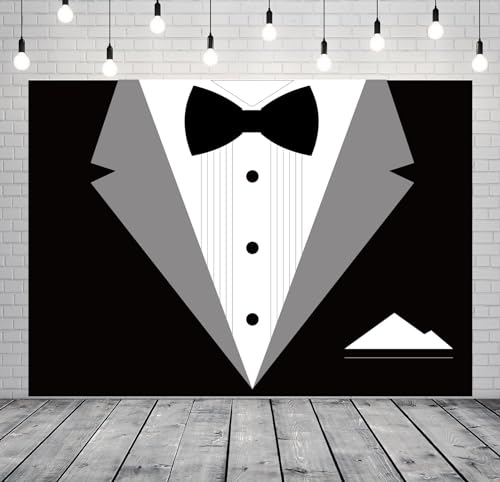 BELECO 15x8ft Fabric Gentleman Tuxedo Backdrop Black and White Bow Tie Suit Background Luxury Birthday Dinner Party Decor Banner Boy Men Father Bridegroom Photoshoot Studio Booth Props - size: 15x8FT