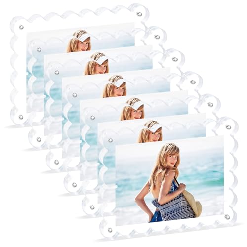6Pack Acrylic Magnetic Photo Frame 5x7 Inch - Sleek Scalloped Design, 10+10mm Thick Crystal Clear Block, Freestanding Double-Sided Magnet |Trendy Home Gift (6 Pack, 5X7) - color: 6 Pack, size: 5X7