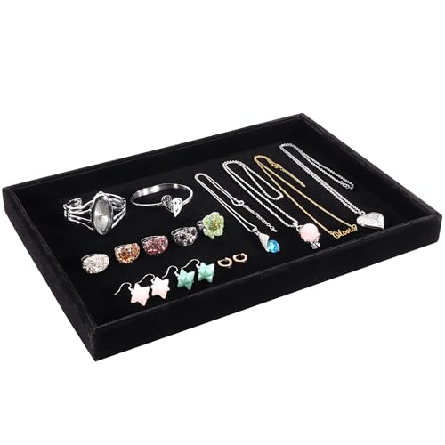 13.8" x 9.5" Velvet Jewelry Tray Jewelry Display Tray, Stackable Empty Plate Trays for Earrings Necklaces Bracelet Rings Display Showcase - Black - color: Black, size: Flat Tray 13.8"x9.5"