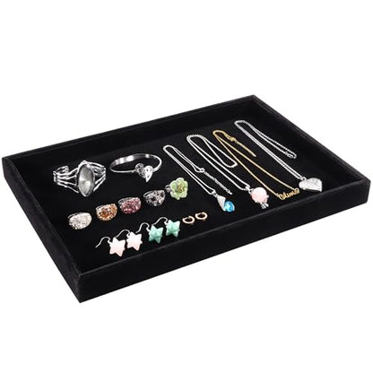 13.8" x 9.5" Velvet Jewelry Tray Jewelry Display Tray, Stackable Empty Plate Trays for Earrings Necklaces Bracelet Rings Display Showcase - Black - color: Black, size: Flat Tray 13.8"x9.5"