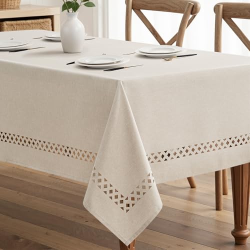 MIULEE Beige Rectangle Polyester Tablecloth with Decorative Cutouts Spring Waterproof Stain Resistant & Shrink-Proof Table Cloth 60x84 inch Farmhouse Style for Dining Wedding and Outdoor - color: Beige, size: 84" x 60" (Rectangular)