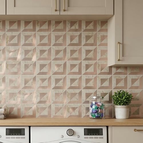 10-Sheets Stunning 3D Visuals Peel and Stick Backsplash Mosaic Tiles, PVC Stone Texture Look,Heat Resistant Stick on Tiles for Kitchen Wall, Bathroom, Laundry Room(Beige Marble + Rose Gold) - color: Beig Marble + Rose Gold