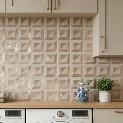10-Sheets Stunning 3D Visuals Peel and Stick Backsplash Mosaic Tiles, PVC Stone Texture Look,Heat Resistant Stick on Tiles for Kitchen Wall, Bathroom, Laundry Room(Beige Marble + Rose Gold) - color: Beig Marble + Rose Gold