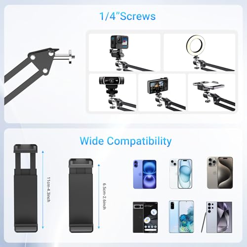 Overhead Phone Mount with Rechargeable Light for iPhone, Desk Tripod with Clamp for Content Creator Camera Recording, Top Down Holder Stand for Filming/Live/Cooking/Unboxing/Drawing/YouTube/TikTok