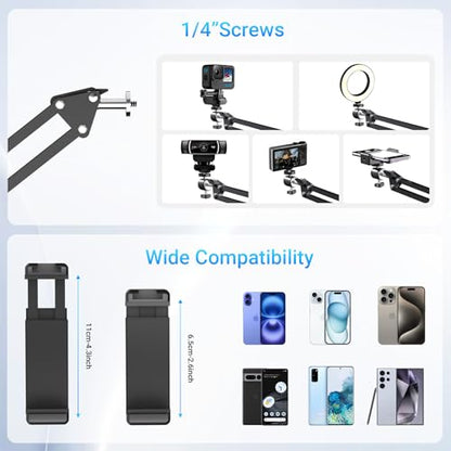 Overhead Phone Mount with Rechargeable Light for iPhone, Desk Tripod with Clamp for Content Creator Camera Recording, Top Down Holder Stand for Filming/Live/Cooking/Unboxing/Drawing/YouTube/TikTok