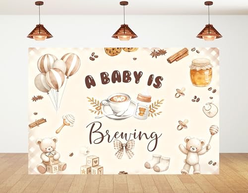 12x8ft A Baby is Brewing Backdrop Sweet Brown Coffee Baking Theme Cute Bear Croissant Feeding Bottle Newborn Cake Smash Baby Shower Decorations Photography Background Photo Studio Props - size: 12x8ft