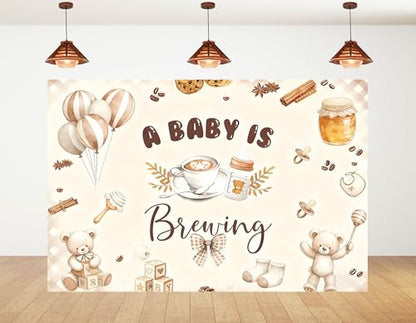 9x9ft A Baby is Brewing Backdrop Sweet Brown Coffee Baking Theme Cute Bear Croissant Feeding Bottle Newborn Cake Smash Baby Shower Decorations Photography Background Photo Studio Props - size: 9x9ft