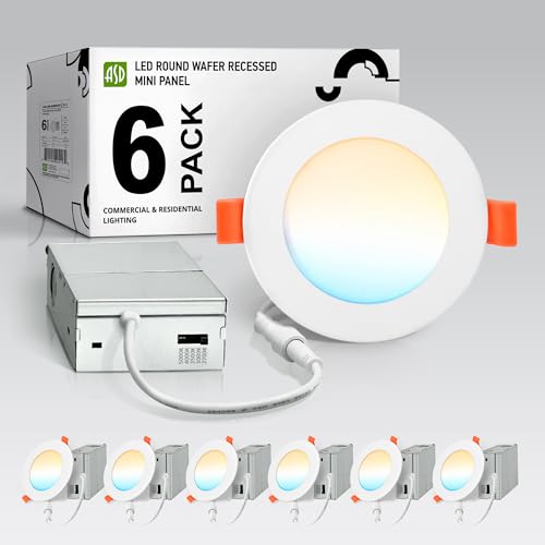 ASD 6 Pack LED Recessed Lighting 4 Inch 12W, 5 CCT 2700K-5000K CRI90+, IC Rated Ultra Thin Dimmable Ceiling Lights with J Box, Canless Wafer Downlight, Round Slim Panel Light, Energy Star ETL, White - color: White, size: 4 Inch 6 Pack