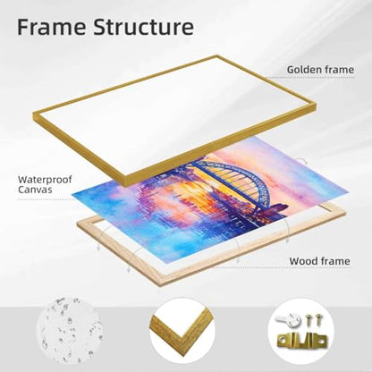 Framed Bridge Sunset Cityscape Canvas Print Modern Contemporary Wall Art Poster Painting Pictures Stunning Wall Decor for Living Room Bedroom Office Home Decoration (16L x24W,Gold Framed) - size: 16l"x24w"