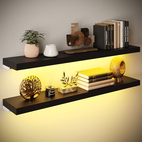 BAMEOS LED Floating Shelves for Wall, 35" W Black Wall Mounted Wooden Shelves with Invisible Brackets, Set of 2, Hanging Wall Shelves for Bedroom, Living Room, Kitchen, Study Decoration - color: Black-cob, size: 35 x 7