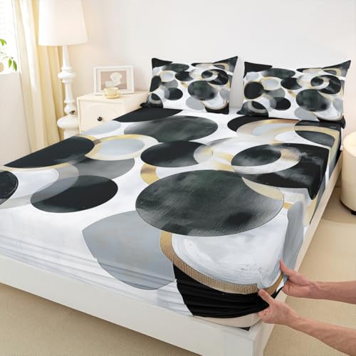 Erosebridal Black and White Fitted Sheet Queen, Modern Abstract Bed Sheets for Boys Girls Geometric Circle Print Bed Set Minimalist Wind Stylish Sheets with 2 Pillowcases - color: White Black Gold, size: Queen(No Top Sheet)