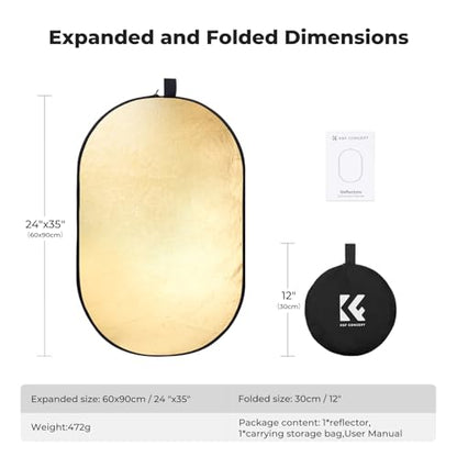 K&F CONCEPT 24" x36”(60x90cm) 5-in-1 Oval Foldable Reflector with Carrying Bag, Gold, Silver, Black, White Reflective Fabric and Translucent Soft Fabric for Studio Lighting - size: 60x90cm