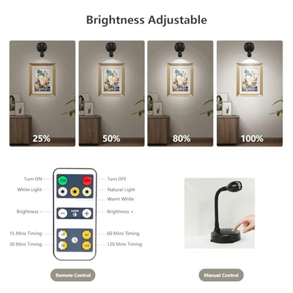 Cordless Spotlight Battery Operated, LED Picture Light, Dimmable Accent Light with Remote, Indoor Stick on Display Lamp for Plant Tree Photo Dartboard Painting Artwork Portrait