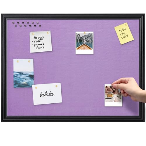 Navaris Framed Fabric Bulletin Board - 18 x 24 inches Plush Jewelry Organizer Pinboard for Wall - Memory Memo Pin Board - Purple with Black Frame - color: Black / Purple