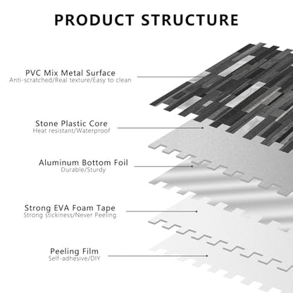 STICKGOO Peel and Stick Backsplash Tile, Stick on Backsplash for Kitchen and Bathroom, Black Grey Wood Look PVC Mixed Metal Silver Self Adhesive Wall Tiles(Sample) - color: Black Grey with Metal Silver