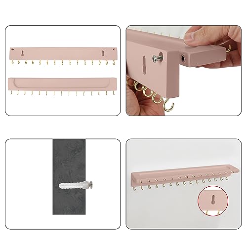 YYILIS Necklace Holder, Upgraded Extra Large Wall Necklace Organizer with 30 Hooks Wall Mounted Necklace Hanger with Jewelry Tray/Cosmetics Shelf Rustic Pine Wood Holder (Pink) - color: Pink