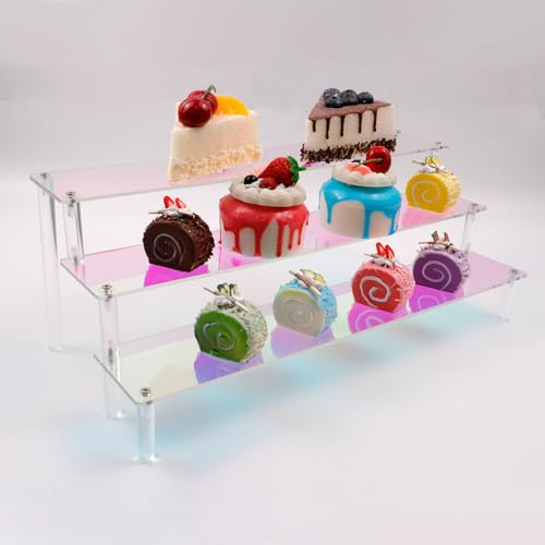 MY MIRONEY 3 Tier Acrylic Riser Display Shelf Iridescent Display Stand Figurines Decoration Organizer Cupcakes Holder for Display Food Desserts Collectibles Perfume Makeup(15.75" x 7.28" x 5.91") - size: 15.75" x 7.28" x 5.91"