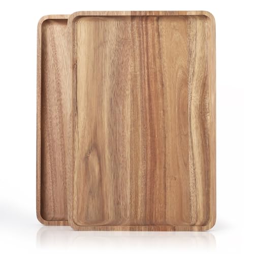 2 PCS Solid Acacia Wood Serving Trays 13 * 9 inch Rectangular Wooden Serving Platters Natural Wooden Boards for Bar Coffee Party（Wood Log Color） - color: Wood Log Color, size: 13 * 9 inch