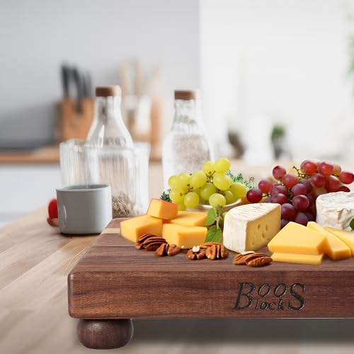 John Boos B Series Square Wooden Walnut Cutting Board 12”x12” – 1.5” Thick, 5-lb Non-Reversible Butcher Block with Wood Bun Feet & Edge-Grain - color: Walnut with Wood Feet, size: 12"L x 12"W