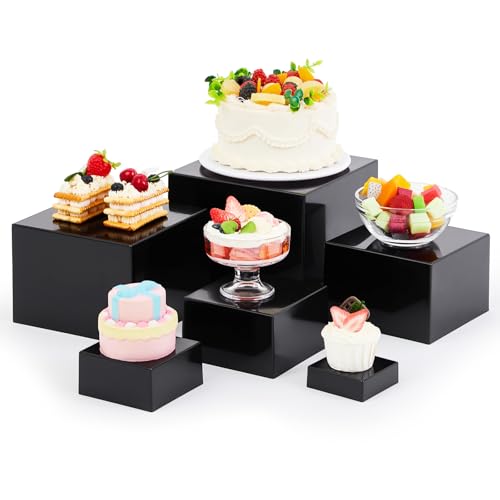 Leinuosen 6 Pcs Acrylic Buffet Risers Stands for Food Display Cubes Box, 3 to 8 Inch Square Catering Table Dessert Decorative for Wedding Brunch Setup Party Jewelry Collectibles, Hollow Bottom (Black) - color: Black, size: 3 to 8 Inch, style: Square