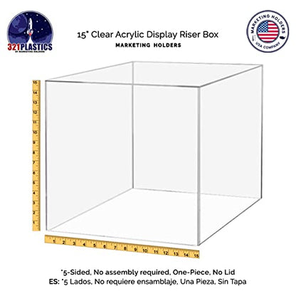 2 Pack 15" Acrylic Display Riser Box with One Open Side Versatile Clear No Lid One Piece Counter or Tabletop Merchandise Storage Bin or Retail Product Throne No Assembly by Marketing Holders - size: 15"w x 15"h