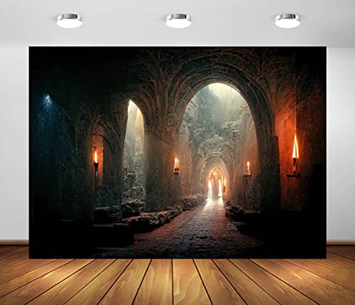 BELECO 7x5ft Fabric Dark Medieval Castle Dungeon Backdrop for Photography Ancient Prison Cell Arches Underground Tunnel Corridor with Candles Horror Background Halloween Party Photo Studio Props - size: 7x5FT