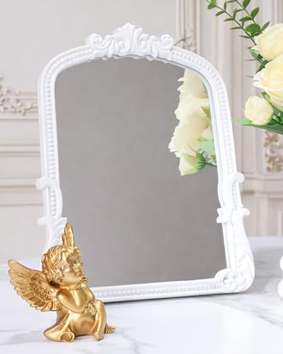Vintage Vanity Small Mirror with Stand,Gold Decorative Mirrors for Wall,Antique Desk Eclectic Home Dresser Decor Small Mirror,Bathroom, Bedroom, Makeup Desk, Wall Entry,11.6" L x 9.0" W White - color: White