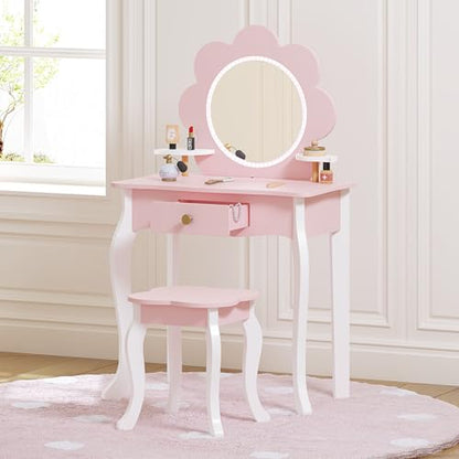 Spirich Kids Vanity, Girls Vanity Set with Mirror and Stool and Lights, Kids Vanity Table and Chair Set, Wooden Princess Makeup Desk Dressing Table (Flower Shape with LED Strip) - size: Flower Shape with LED Strip
