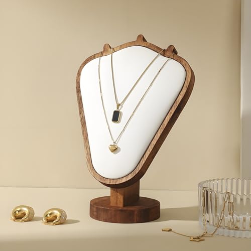 Walnut Color Body Wood Necklace Display Stand with White Leather Soft Mat Necklace Holder Organizer Desktop Stand for Home Store Dresser-3.3"x5.8"x8.4" - color: Walnut-White, size: 3.3"x5.8"x8.4"