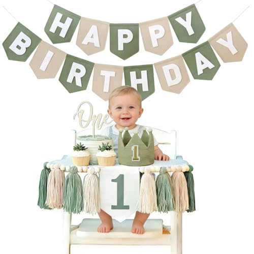 Sage Green 1st Birthday High Chair Decorations- First Birthday Banner Wild One Highchair banner 1st birthday boy with Tassels, Crown & One Cake Topper, Boho 1st Birthday Party Supplies photo props - color: Green