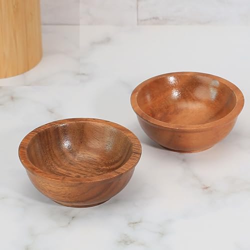 Acacia Wooden Bowls, 4 Inch Handcrafted Wood Serving Bowls Set of 2 for Sauce/Dips/Condiments, Mini Farmhouse Side Dishes with Natural Textured for Charcuterie Board/Appetizers - size: D 4.2'' x H 1.6''