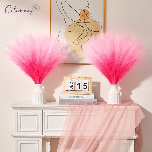 50pcs Faux Pampas Grass,17.7" Artificial Fluffy Pampas Grass Decor Short Fake Pompos for Home Room Birthday Party Centerpieces Decoration(Gridient Hot Pink) - color: Hot Pink